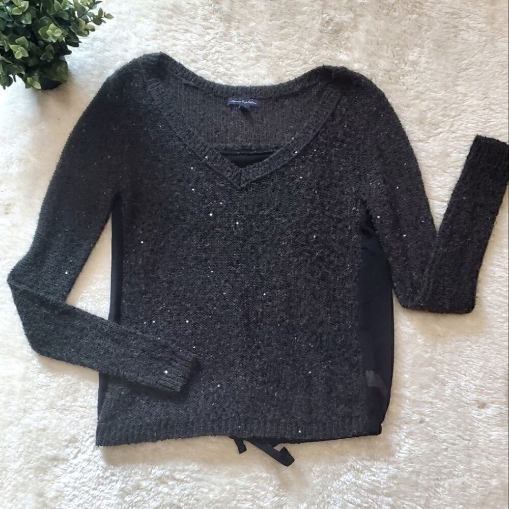 American Eagle Black Sequin Top with Sheer Back, Size Small